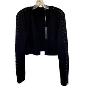 NWT Elie Tahari "Cooper" Cropped Black Wool Sweater, LaceUp Grommet Sleeve, Sz S